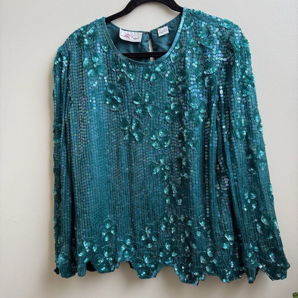 Vintage Laurence Kazar Top Silk Bead Sequin V-Neck Long Sleeve Lined Size L
